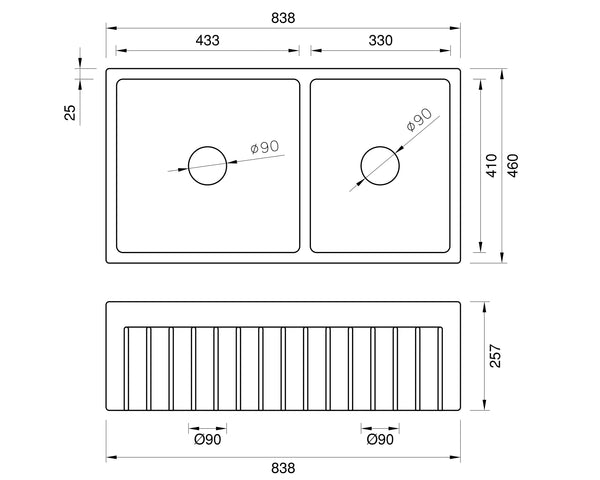 May Special ! - Double Fluted 2/3 1/3  Offset Apron Sink - 838 x 460 x 257mm